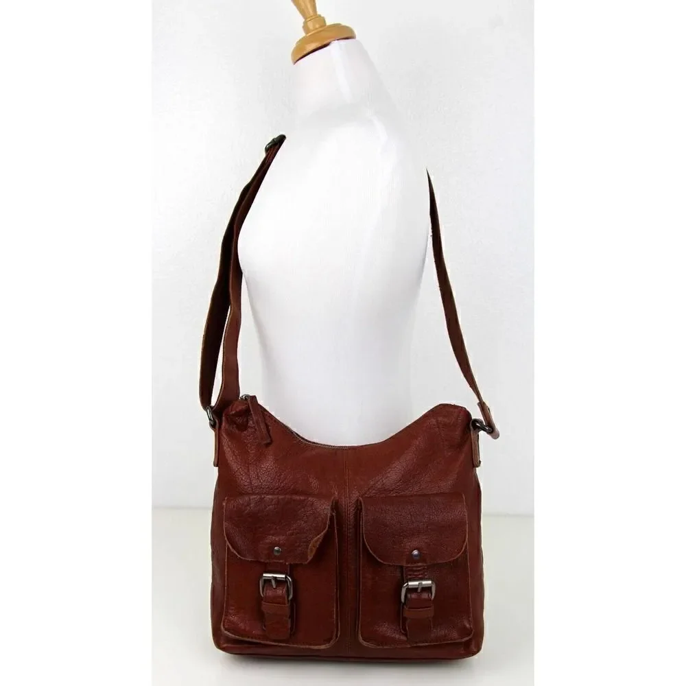 SPIKES & SPARROW BROWN GENUINE LEATHER SHOULDER BAG X-BODY ZIP TOP HANDBAG PURSE